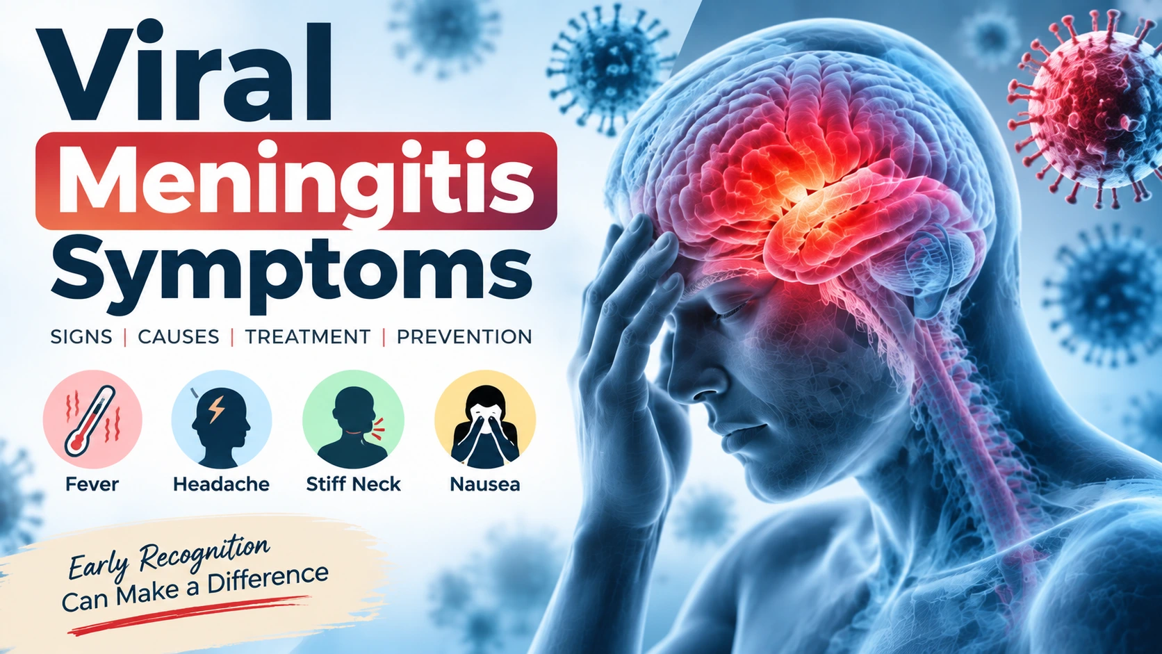 Viral meningitis symptoms showing brain inflammation, virus illustration, fever, headache, stiff neck, and nausea signs