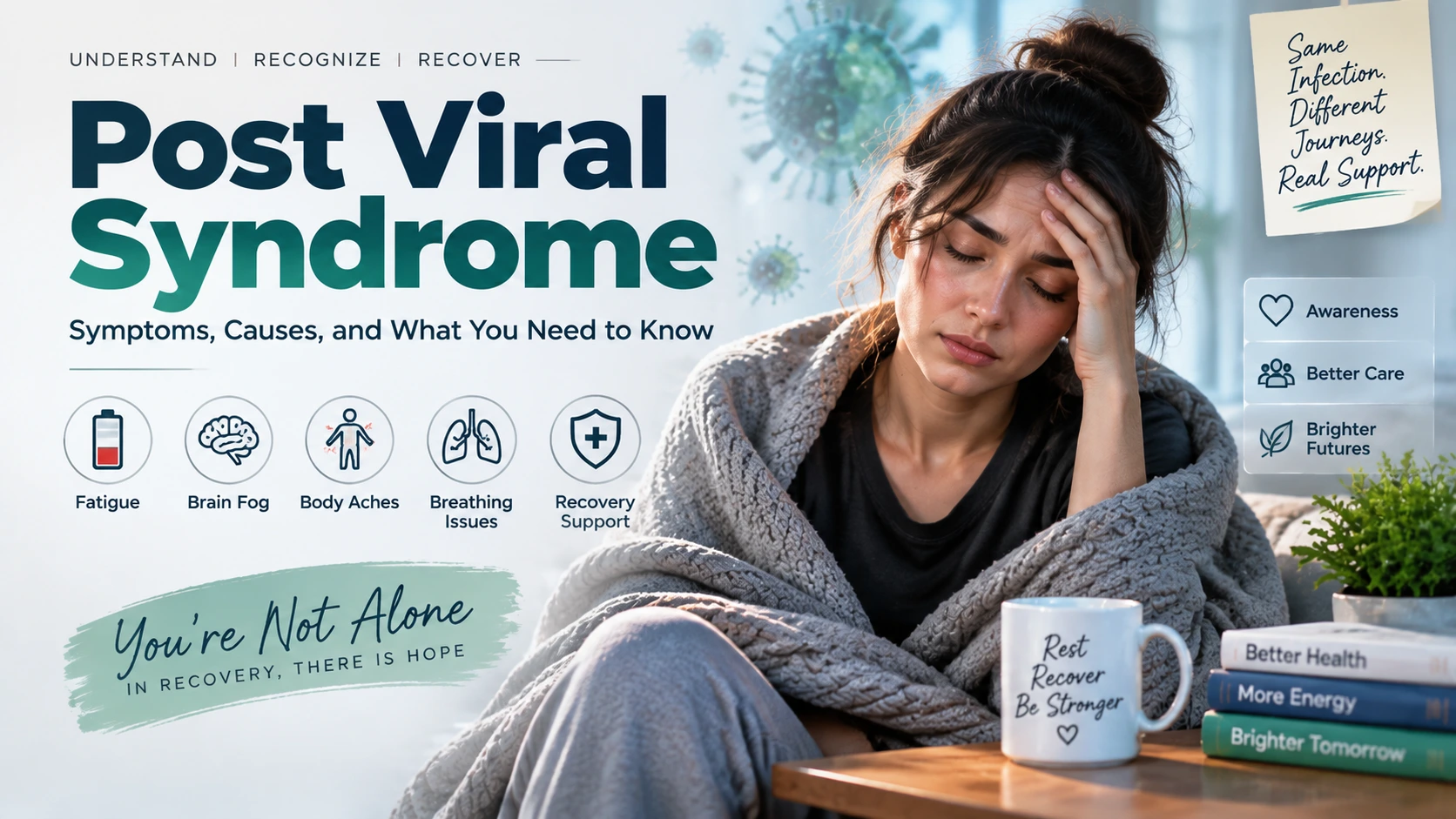 Post viral syndrome featured image showing symptoms like fatigue, brain fog, body aches, and recovery support after viral infection