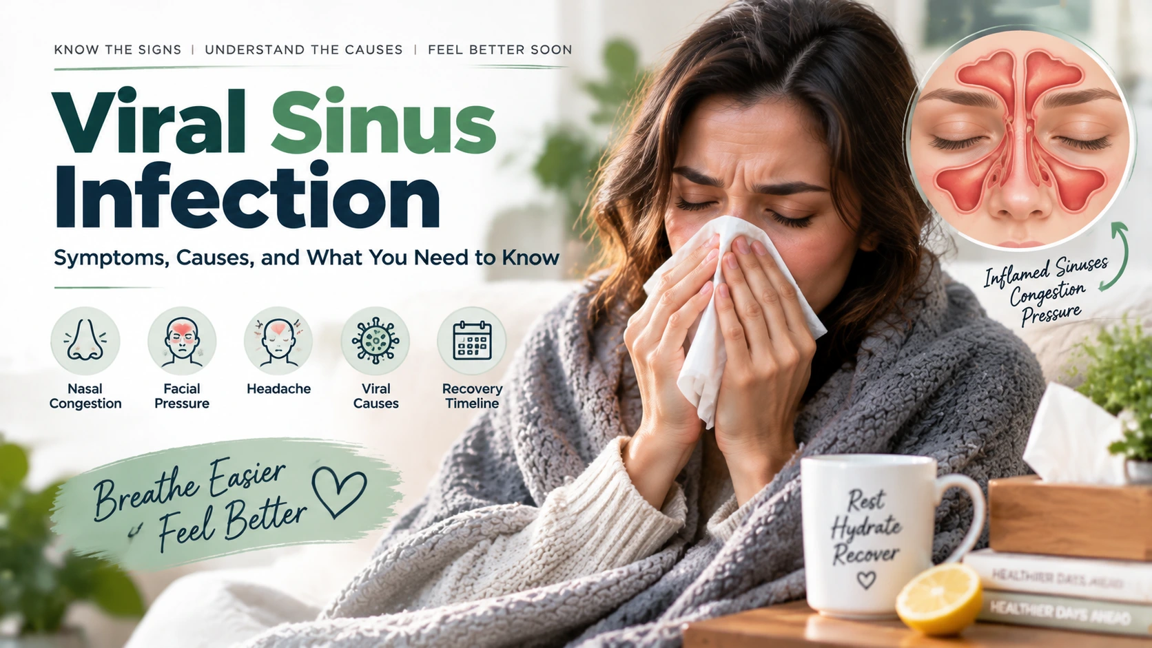 Viral sinus infection featured image showing sinus symptoms, nasal congestion, facial pressure, headache, and recovery information