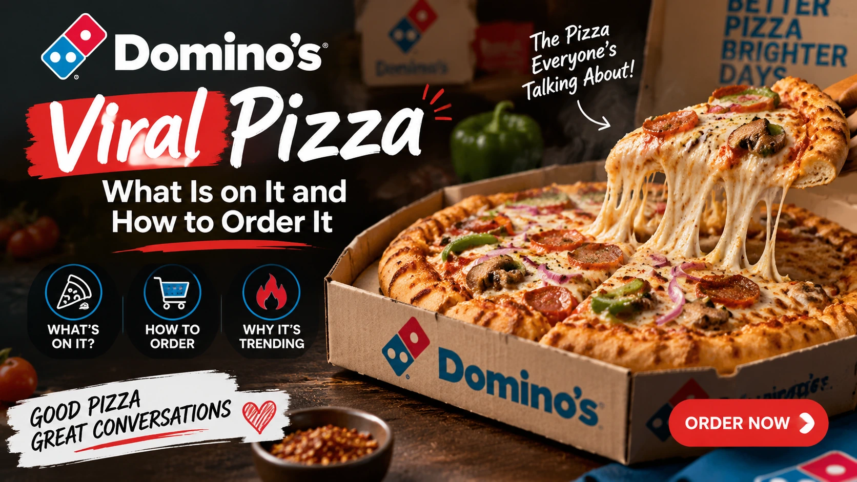 Dominos Viral Pizza featured image showing cheesy pizza toppings, ingredients, food trend, and ordering guide