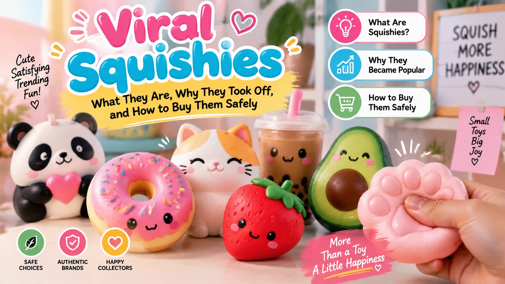 Viral Squishies featured image showing cute squishy toys, popular toy trends, collectible designs, and safe shopping guide