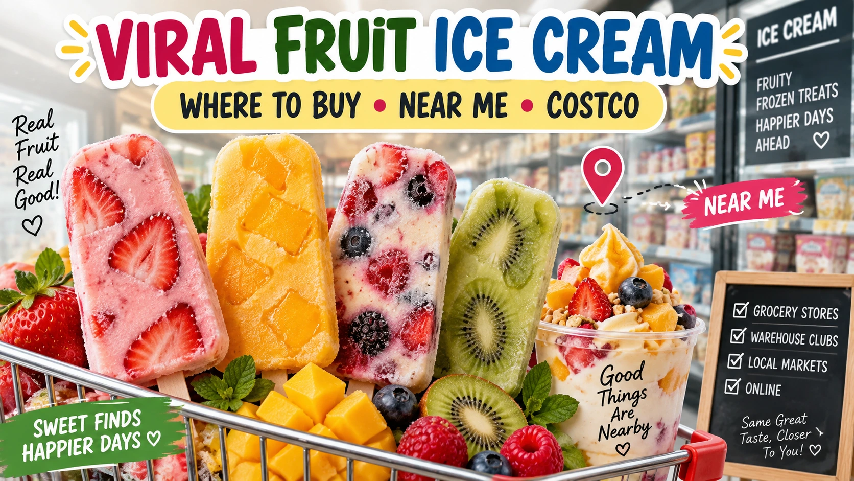 Viral fruit ice cream where to buy guide showing fruit ice cream flavors, store options, and Costco availability