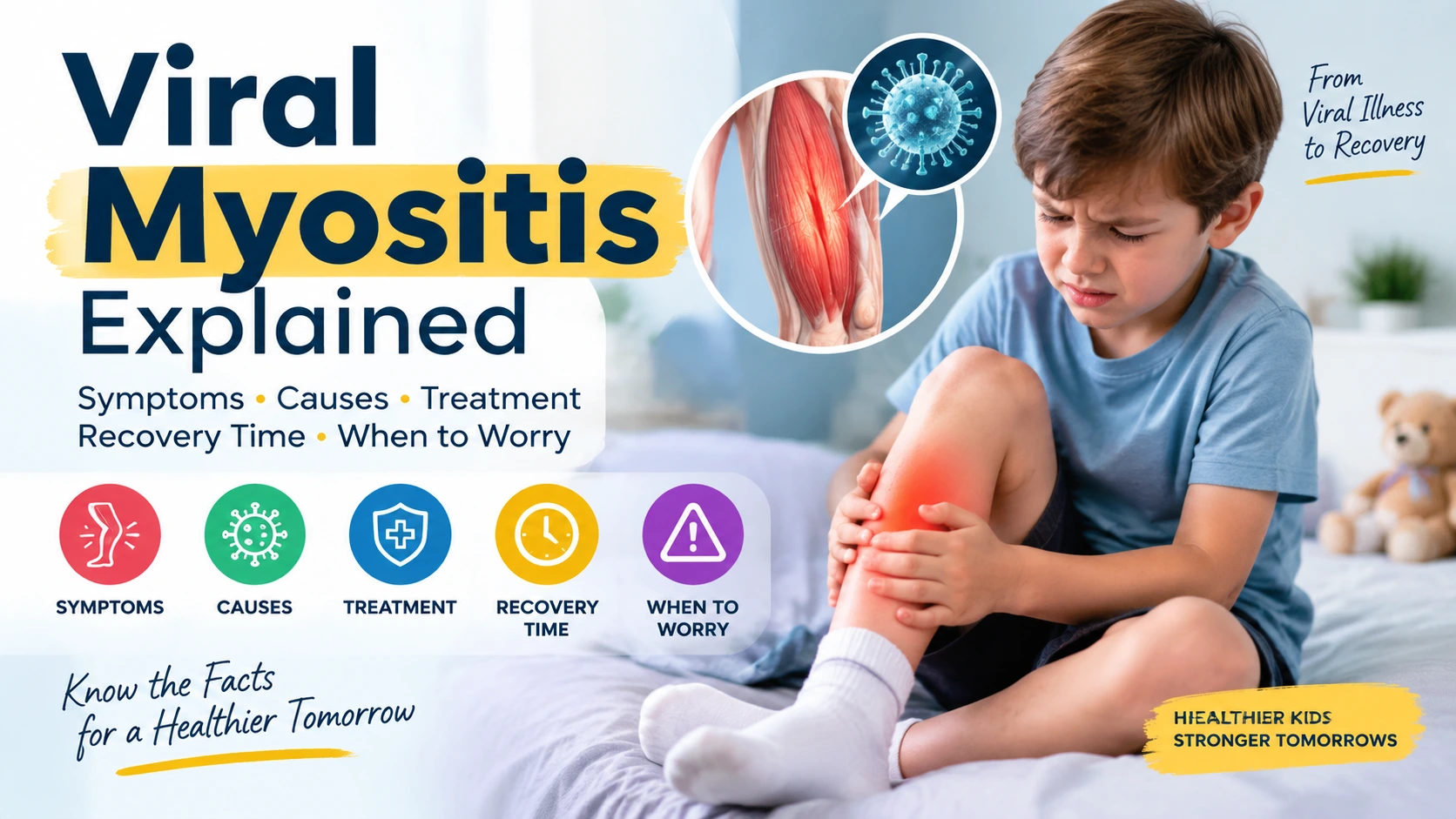 Viral myositis symptoms causes treatment and recovery time guide with child experiencing muscle pain