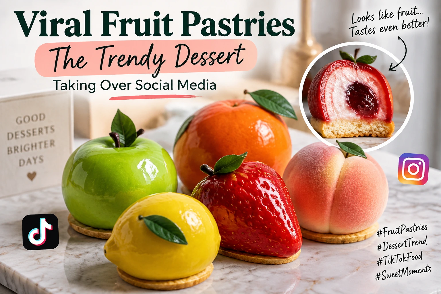 Viral fruit pastries featuring realistic fruit-shaped desserts and trendy social media baking creations