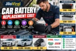 Car battery replacement cost guide showing a mechanic installing a battery, estimated prices for standard, AGM, hybrid, EV, luxury, and key fob batteries.
