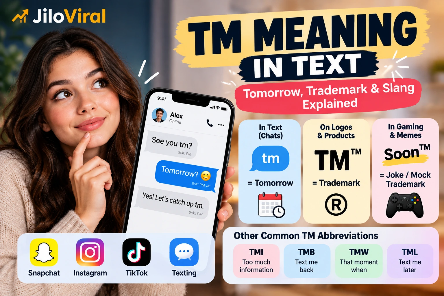TM meaning in text infographic explaining tomorrow, trademark, gaming slang, and related abbreviations on Snapchat, Instagram, and TikTok.
