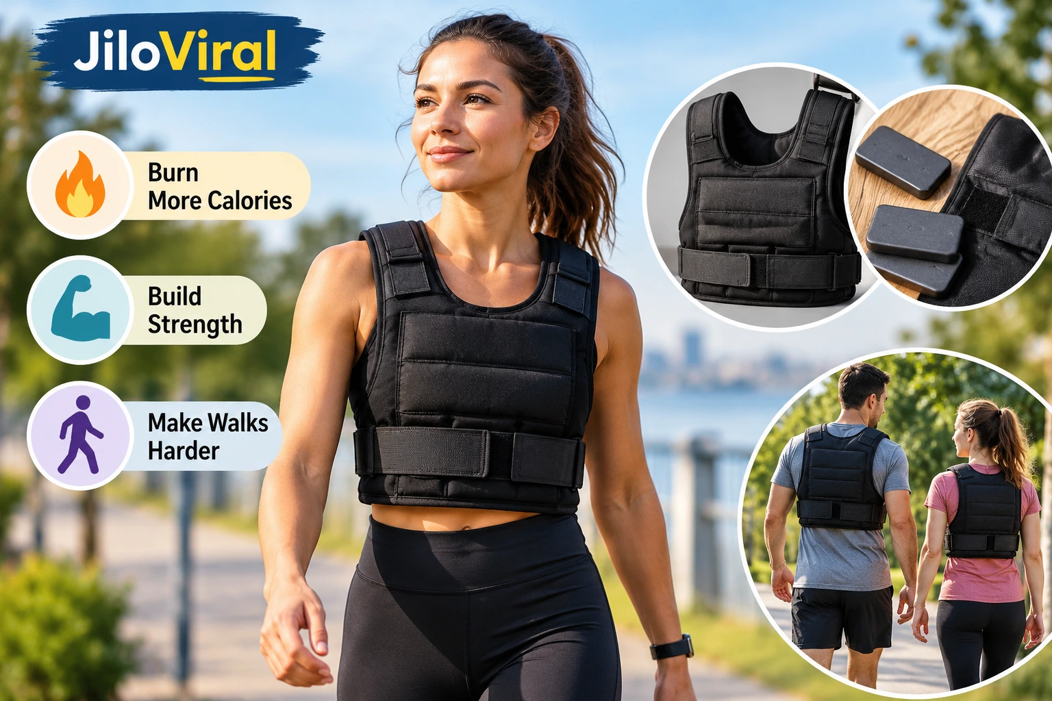 Woman walking in a weighted vest with adjustable weight plates, illustrating weighted vest benefits, walking, strength training, calorie burn, and safety.