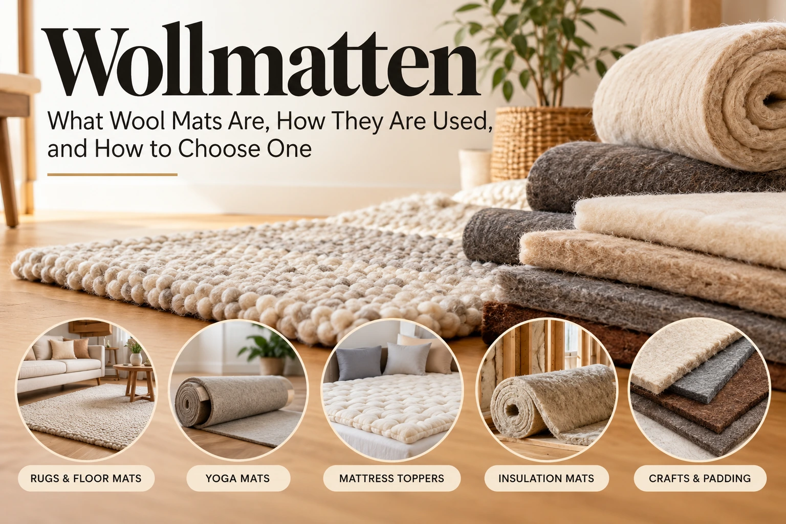 Different types of Wollmatten wool mats for flooring, yoga, mattress toppers, insulation, and crafts.